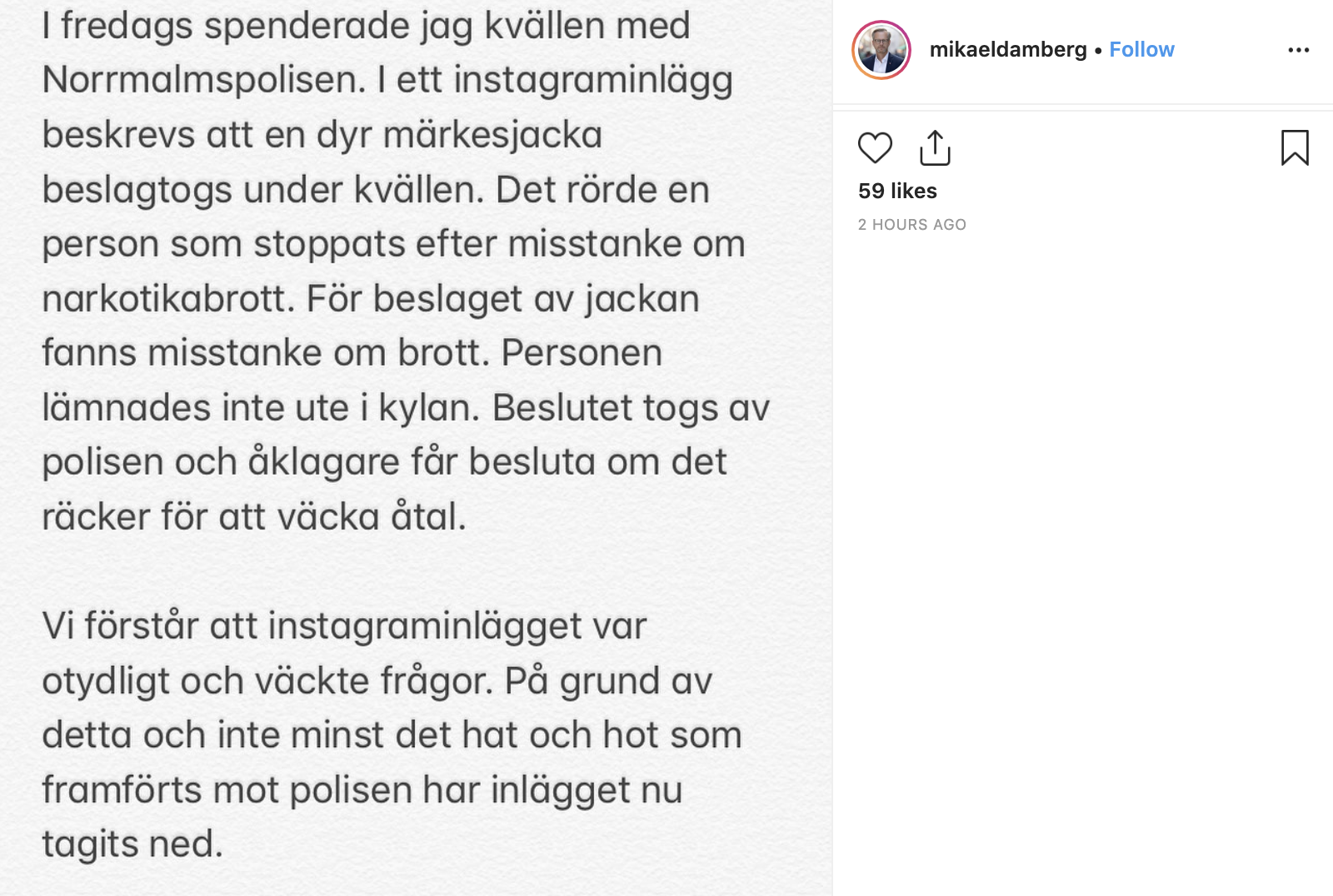 Mikael Dambergs förklaring till inlägget. Mikael Dambergs förklaring till inlägget.